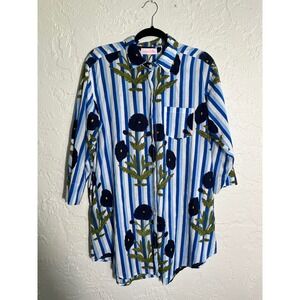 Mary Marshmallow Blue White Striped Floral Cotton Tunic Button Down Shirt Size M